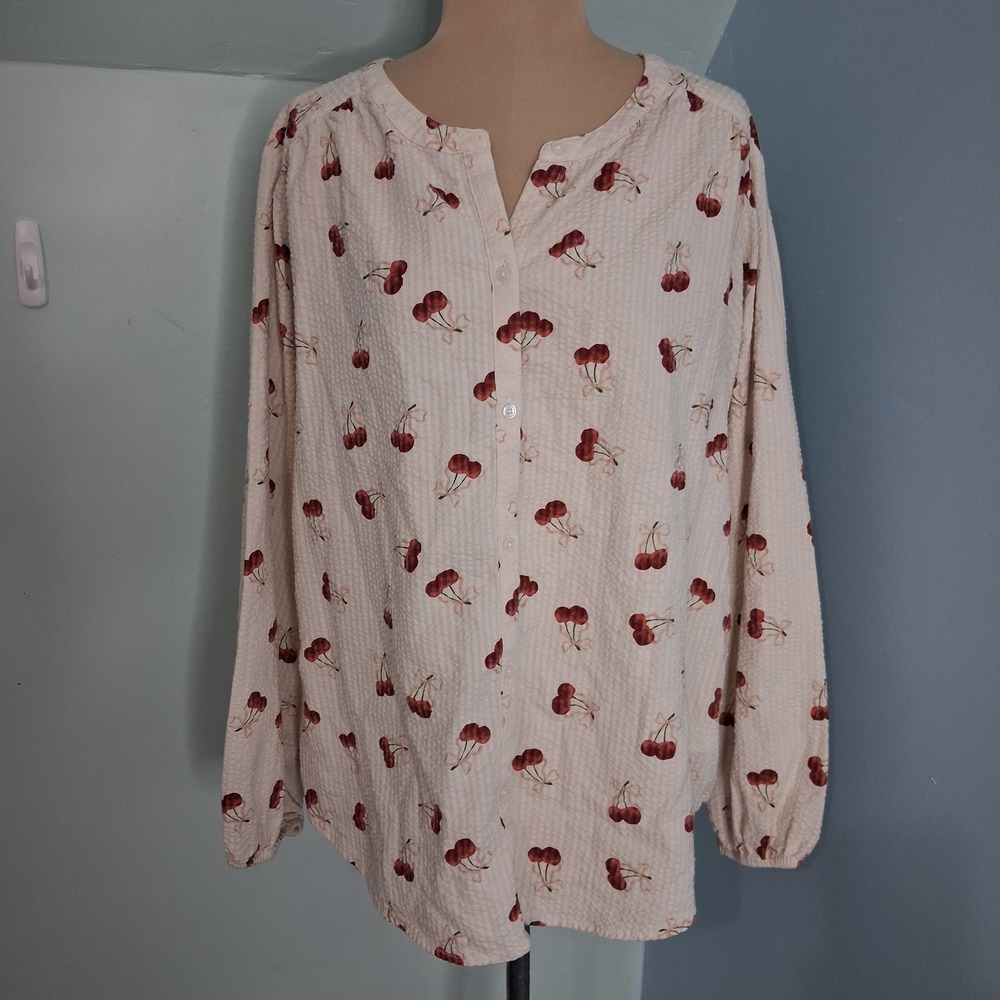 Lucky Brand Cherry Bow Print Seersucker Blouse Coquette Cream Red Button Down XL